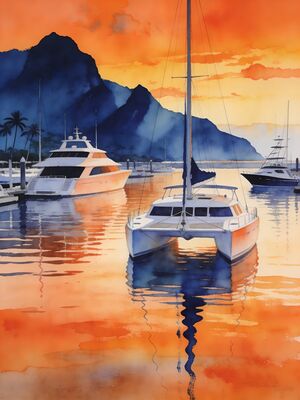 Cairns Coral Sea Sunset from Marina Watercolor Canvas Print