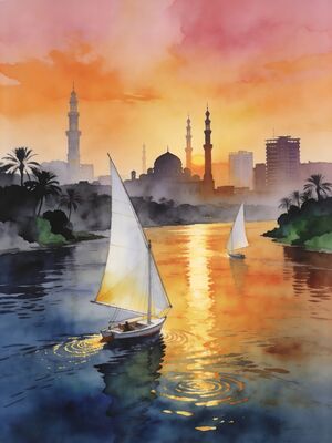 Cairo Nile River Felucca Boats at Sunset Watercolor Canvas Print