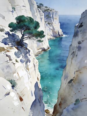 Calanques En Vau Turquoise Inlet Watercolor Canvas Print