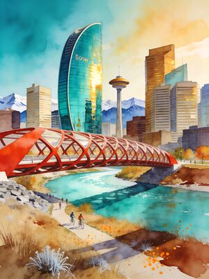 Calgary Skyline Bow River and Rockies Watercolor Canvas Print