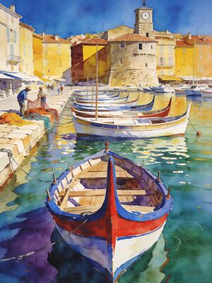 Cannes Fishing Boats Bay Watercolor Canvas Print