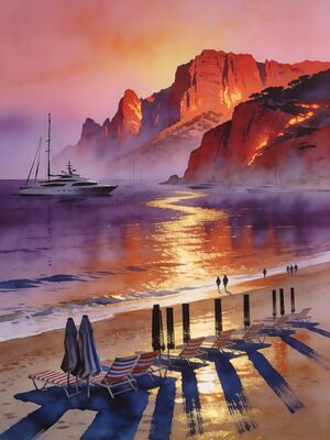 Cannes Sunset Shore Watercolor Canvas Print