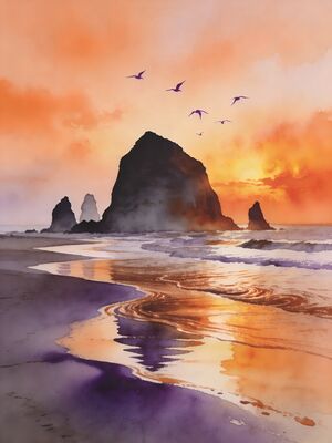 Cannon Beach Indian Beach Ecola State Park Watercolor Canvas Print