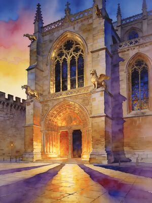 Carcassonne Church and Town Plaza Watercolor Canvas Print