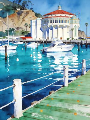 Catalina Island Harbor Boats Watercolor Canvas Print