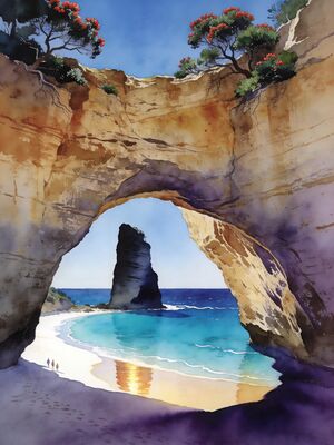 Cathedral Cove Natural Rock Arch Beach Watercolor Canvas Print