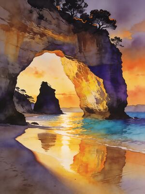 Cathedral Cove Golden Hour Shore Watercolor Canvas Print