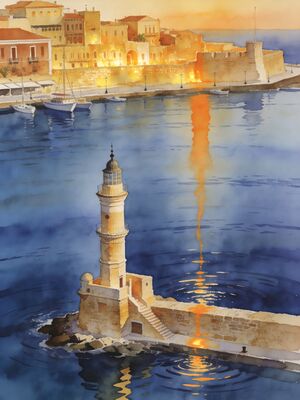 Chania Venetian Harbor Lighthouse Watercolor Canvas Print