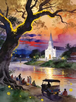 Chiang Mai Historic Church and Town Plaza Watercolor Canvas Print