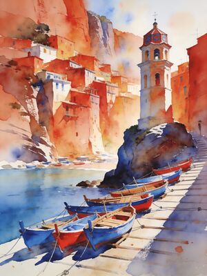 Cinque Terre Sunset Shore Manarola Watercolor Canvas Print