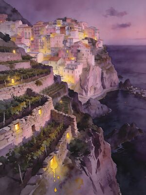 Cinque Terre Morning Vernazza Cove Watercolor Canvas Print