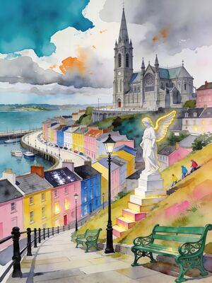 Cobh Cathedral Steps in Morning Fog Watercolor Canvas Print