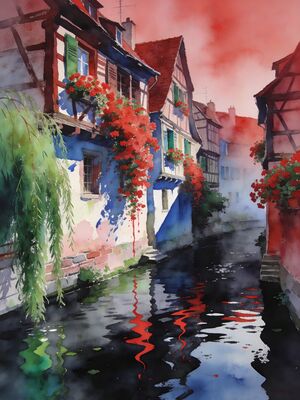 Colmar Petite Venise Canal Half-Timbered Houses Watercolor Canvas Print