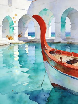 Costa Brava Fishing Boats Bay Watercolor Canvas Print