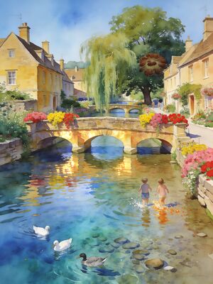 Cotswolds Bibury Arlington Row Cottages Watercolor Canvas Print