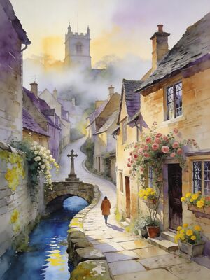 Cotswolds Castle Combe Morning Lane Watercolor Canvas Print