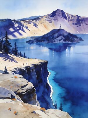 Crater Lake Rim Trail View through Pines Watercolor Canvas Print