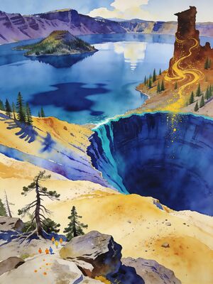 Crater Lake Watchman Peak Sunset Watercolor Canvas Print