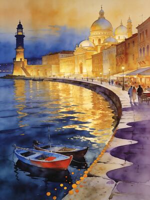 Crete Chania Harbor View Watercolor Canvas Print