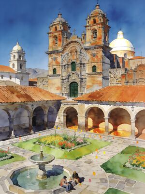 Cusco Plaza de Armas and Cathedral Watercolor Canvas Print