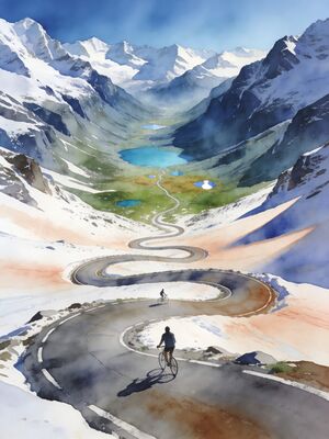 Cycling Mountain Lake at Golden Hour Watercolor Canvas Print