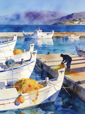 Cyprus Fishing Boats Sheltered Bay Watercolor Canvas Print