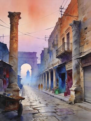 Damascus Skyline from Mount Qasioun at Dusk Watercolor Canvas Print