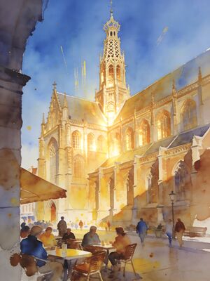 Delft Church Tower Watercolor Canvas Print