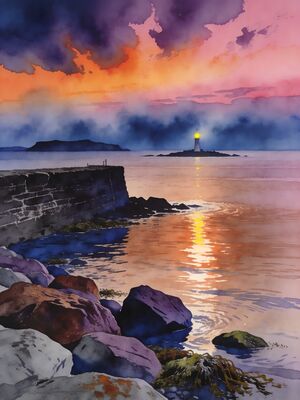 Donaghadee Lighthouse and Harbour Watercolor Canvas Print