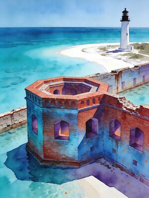 Dry Tortugas Fort Jefferson Surrounded by Sea Watercolor Canvas Print