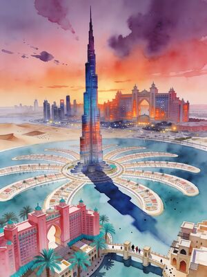 Dubai Burj Khalifa Skyline at Sunset Watercolor Canvas Print
