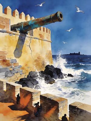 Essaouira Medina Ramparts over Atlantic Watercolor Canvas Print