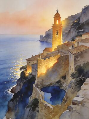 Eze Village Perched above Riviera Watercolor Canvas Print
