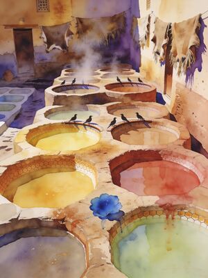 Fez Chouara Tanneries Medina Morning Watercolor Canvas Print