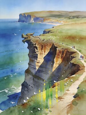 Filey Brigg Cliff Walk with Sea View Watercolor Canvas Print