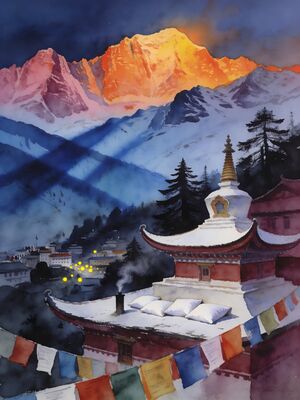 Gangtok Kanchenjunga View Watercolor Canvas Print