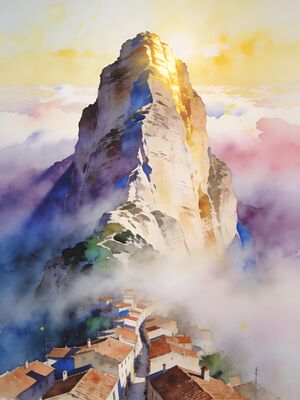 Gibraltar Rock in Morning Mist Watercolor Canvas Print