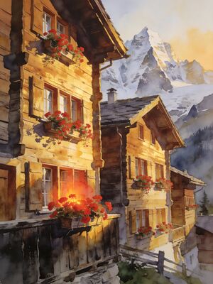 Gimmelwald Swiss Mountain Village Watercolor Canvas Print