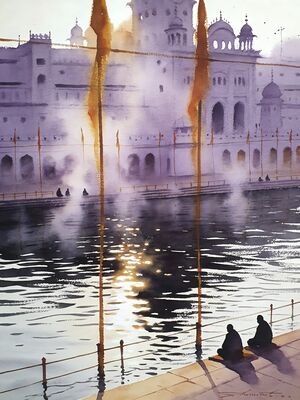 Golden Temple Dawn Prayer Watercolor Canvas Print
