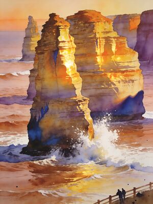 Great Ocean Road Twelve Apostles at Sunset Watercolor Canvas Print