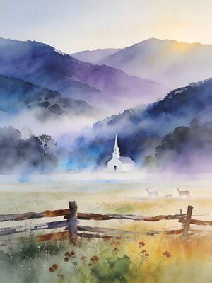 Great Smoky Mountains Cades Cove Morning Mist Watercolor Canvas Print