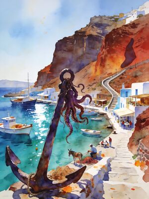 Greek Islands Harbor Boats Watercolor Canvas Print