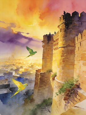 Gwalior Fort Hilltop Watercolor Canvas Print