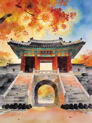 Gyeongju Bulguksa Temple Autumn Colors Watercolor Canvas Print
