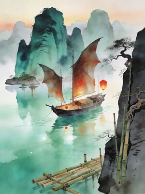 Ha Long Bay Junk Boat among Karst Islands Watercolor Canvas Print