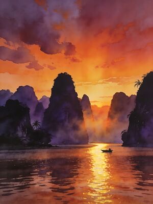 Ha Long Bay Sung Sot Cave Blue Grotto Watercolor Canvas Print