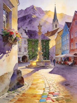 Hallstatt Flower Alley Watercolor Canvas Print