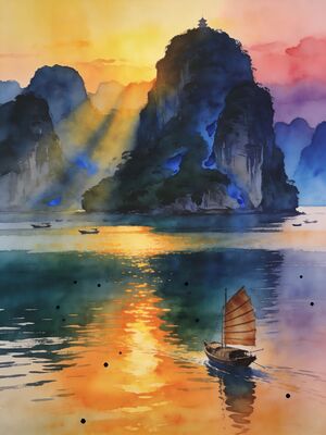 Halong Bay Panoramic Sunset from Ti Top Island Watercolor Canvas Print