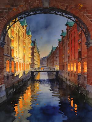 Hamburg Speicherstadt Warehouse Canal Watercolor Canvas Print