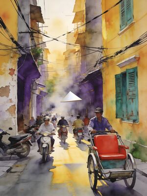 Hanoi Old Quarter 36 Streets by Cyclo Watercolor Canvas Print